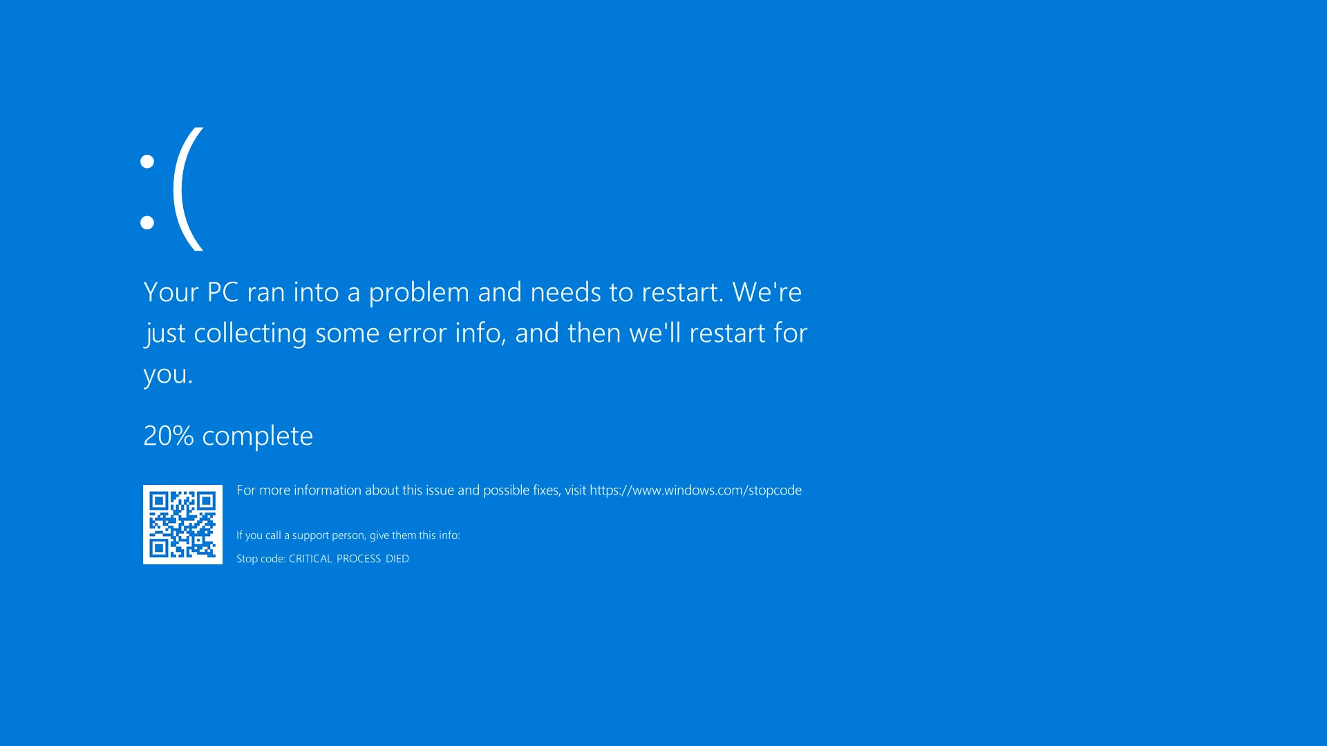Écran bleu de Windows 10 : « Your PC ran into a problem and needs to restart », avec le code d’arrêt CRITICAL_PROCESS_DIED
